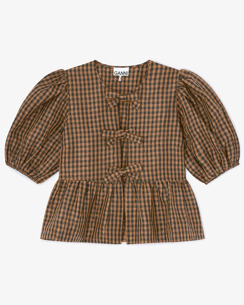 Ganni Bluse in Knitteroptik mit Karomuster - Größe braun Braun