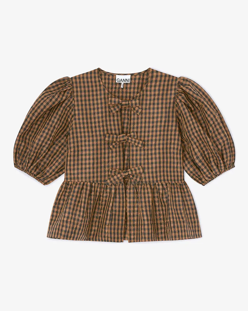 Ganni Bluse in Knitteroptik mit Karomuster - Größe braun Braun