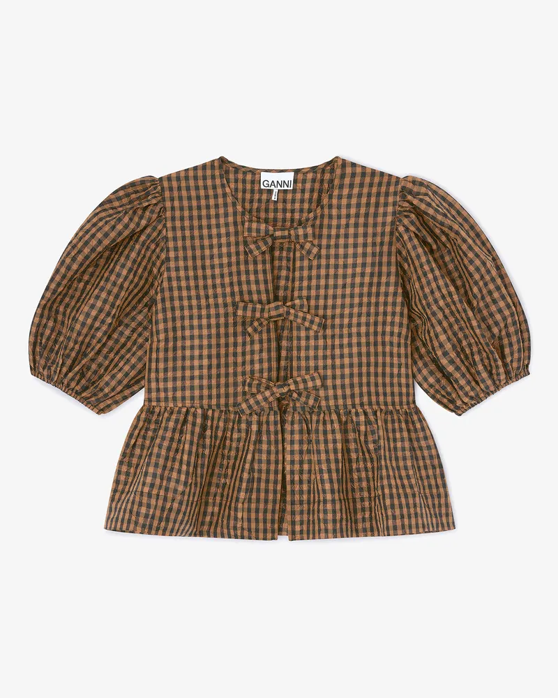 Ganni braun Bluse in Knitteroptik mit Karomuster - Größe Braun