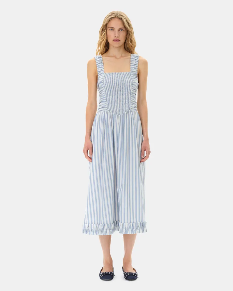 Ganni weiß blau Stripe Cotton Midi Strap Smock Kleid Baumwolle - Größe Weiß