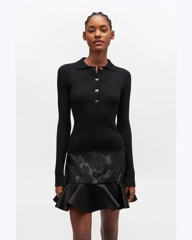 Ganni Dünnes Strick-Polo mit Pailletten schwarz Schwarz