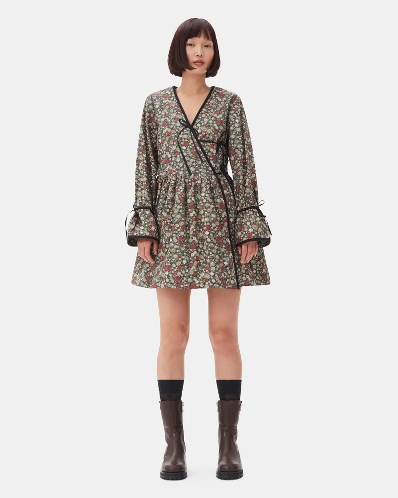 Ganni schwarz Sand Floral Printed Wrap Kleid Baumwolle - Größe Schwarz