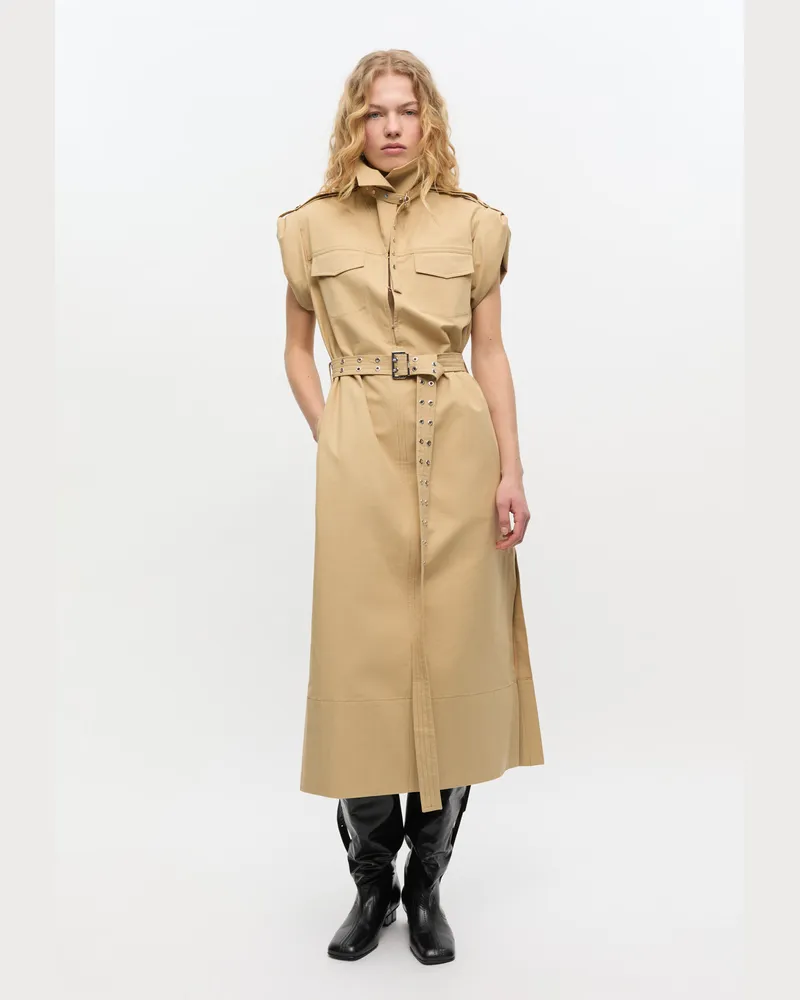 Ganni Pale Khaki beiges Stretchkleid aus Baumwolle Leinen - Größe Pale