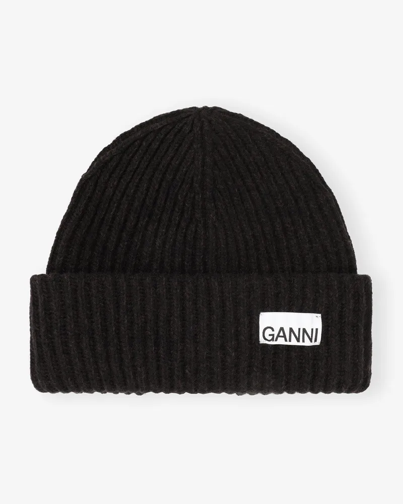 Ganni Oversized Wool Rib Knit Mütze schwarz Schwarz