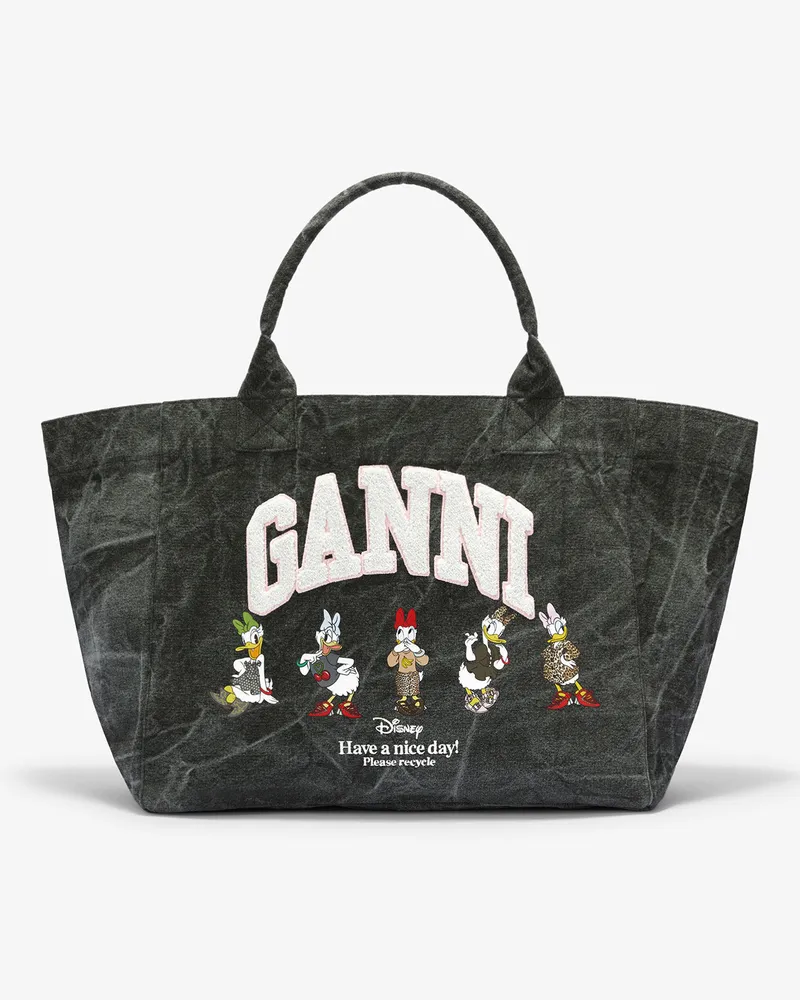 Ganni Gewaschene XXL-Tragetasche mit Daisy-Duck-Motiv schwarz Oyster 
