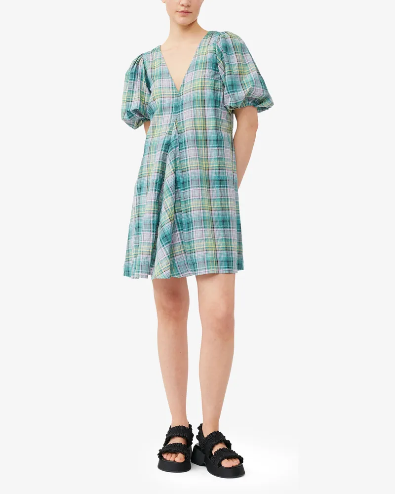 Ganni Mini-Kleid mit V-Ausschnitt im Seersucker-Karo grün Grün