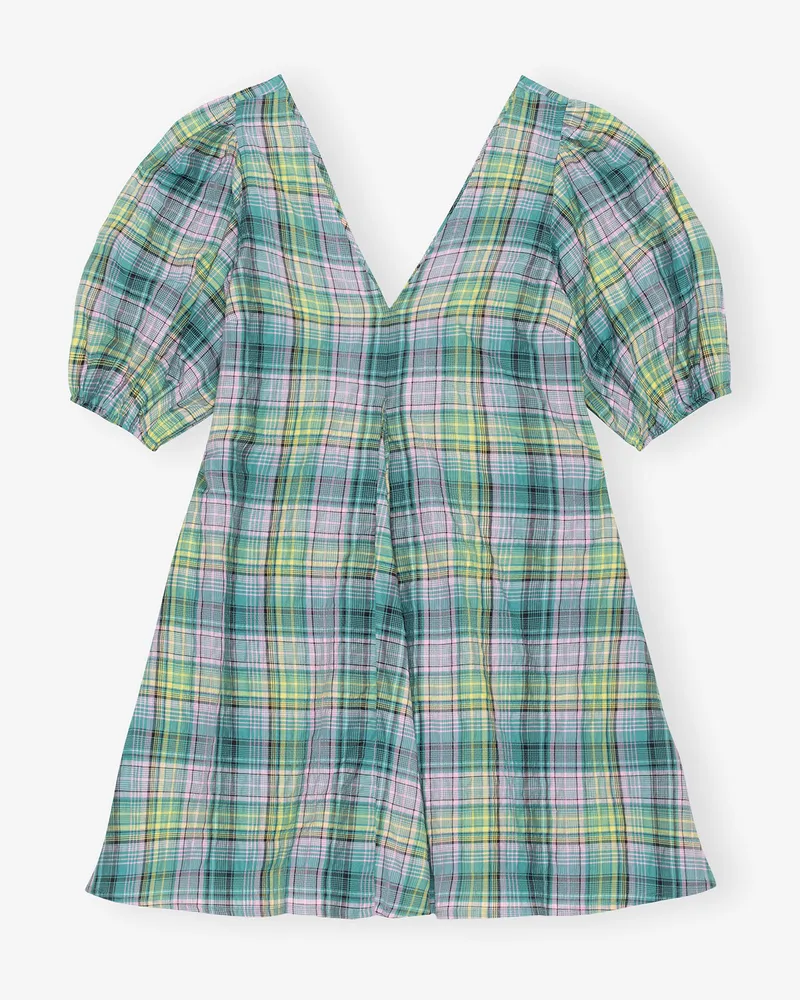 Ganni Mini-Kleid mit V-Ausschnitt im Seersucker-Karo grün Grün
