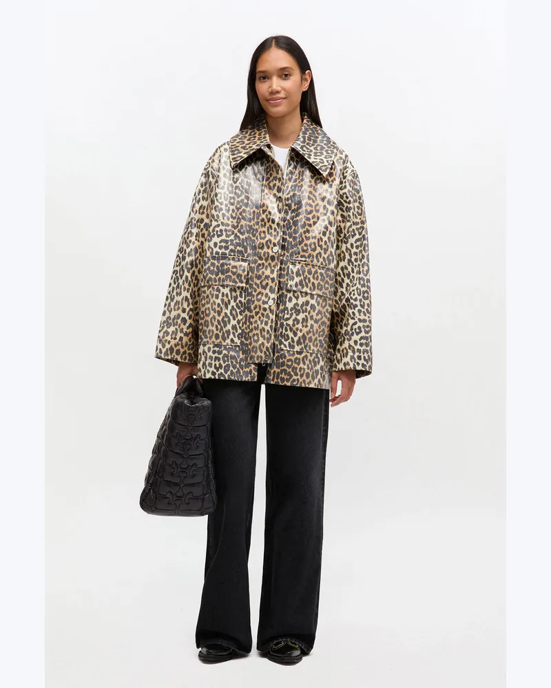 Ganni Jacke aus laminierter Baumwolle mit Leopardenmuster braun Braun