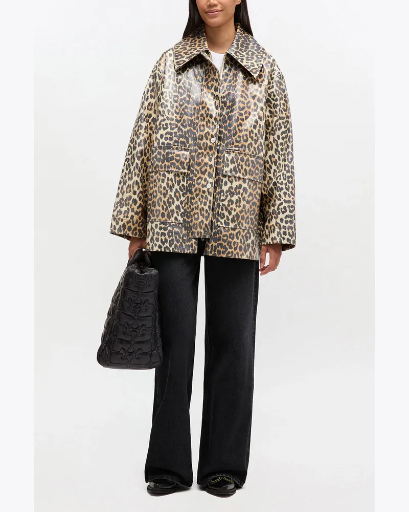 Ganni Jacke aus laminierter Baumwolle mit Leopardenmuster braun Braun