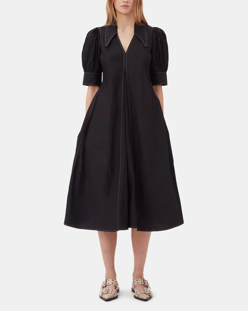Ganni schwarz Midi-Kleid aus Baumwollpopeline mit V-Ausschnitt Baumwolle - Größe Schwarz