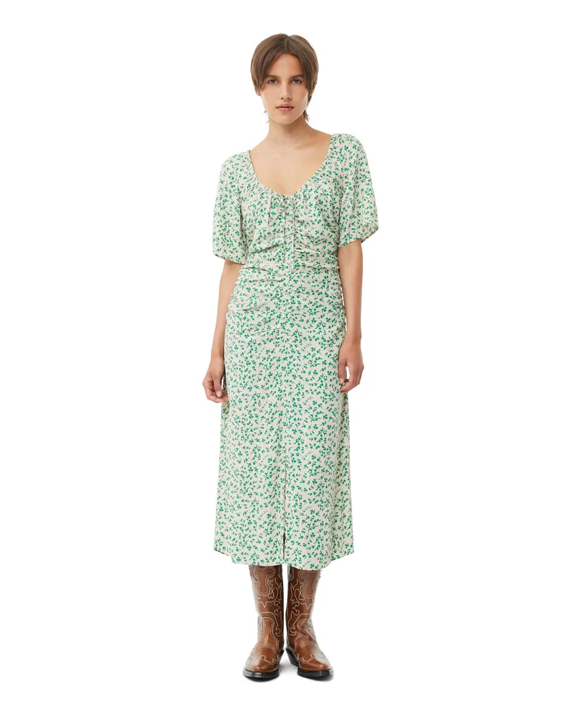 Ganni beige Bedrucktes Crepe-Midikleid mit U-Ausschnitt Viskose - Größe Beige