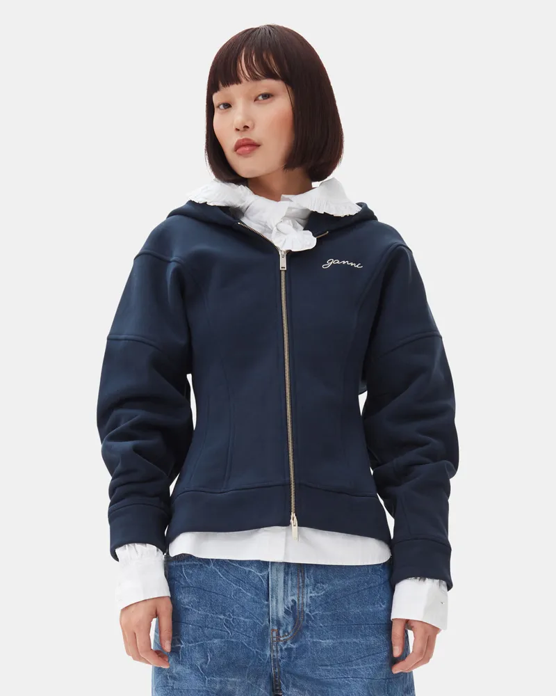 Ganni marineblau blau Fleece Zip Hoodie Baumwolle - Größe Marineblau