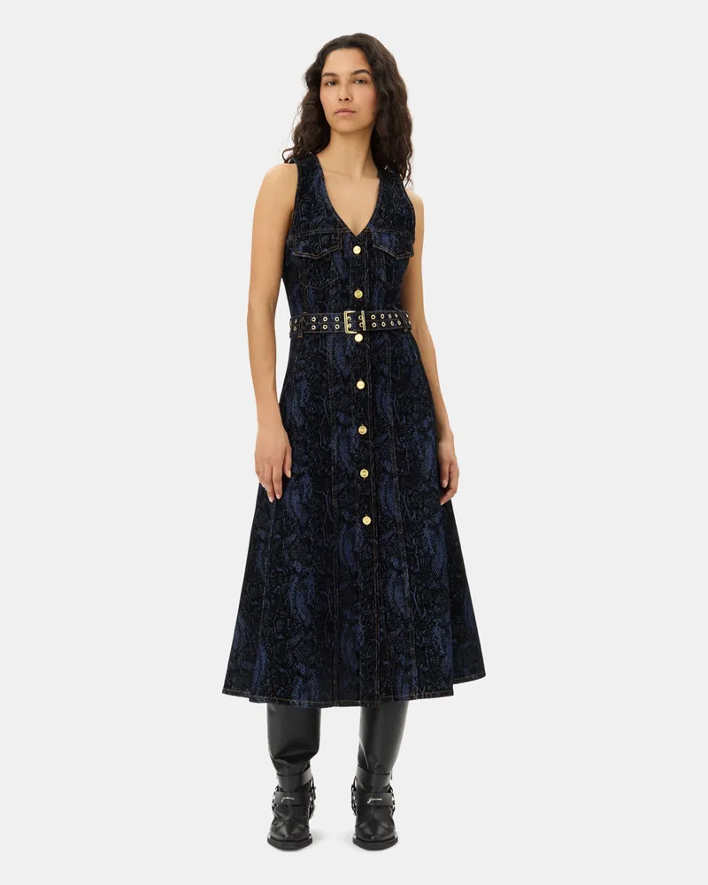 Ganni marineblau Snake Print Denim Midi Kleid Baumwolle - Größe Marineblau