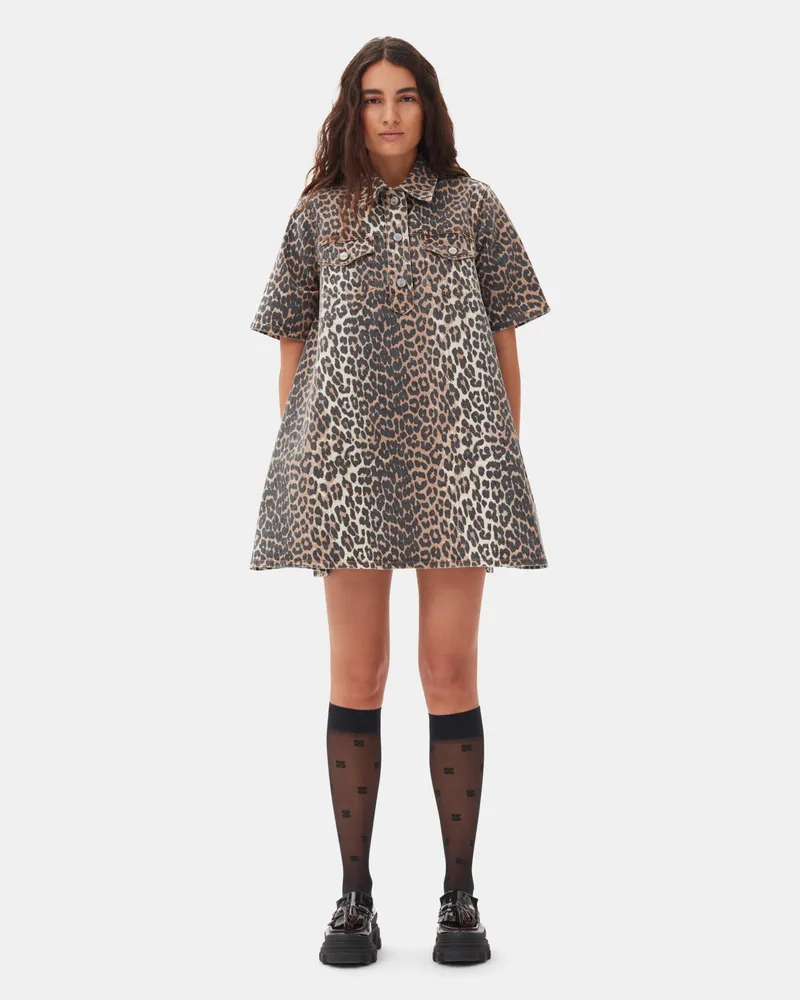 Ganni gemischt Minikleid aus Denim mit Leopardenprint Baumwolle - Größe Gemischt