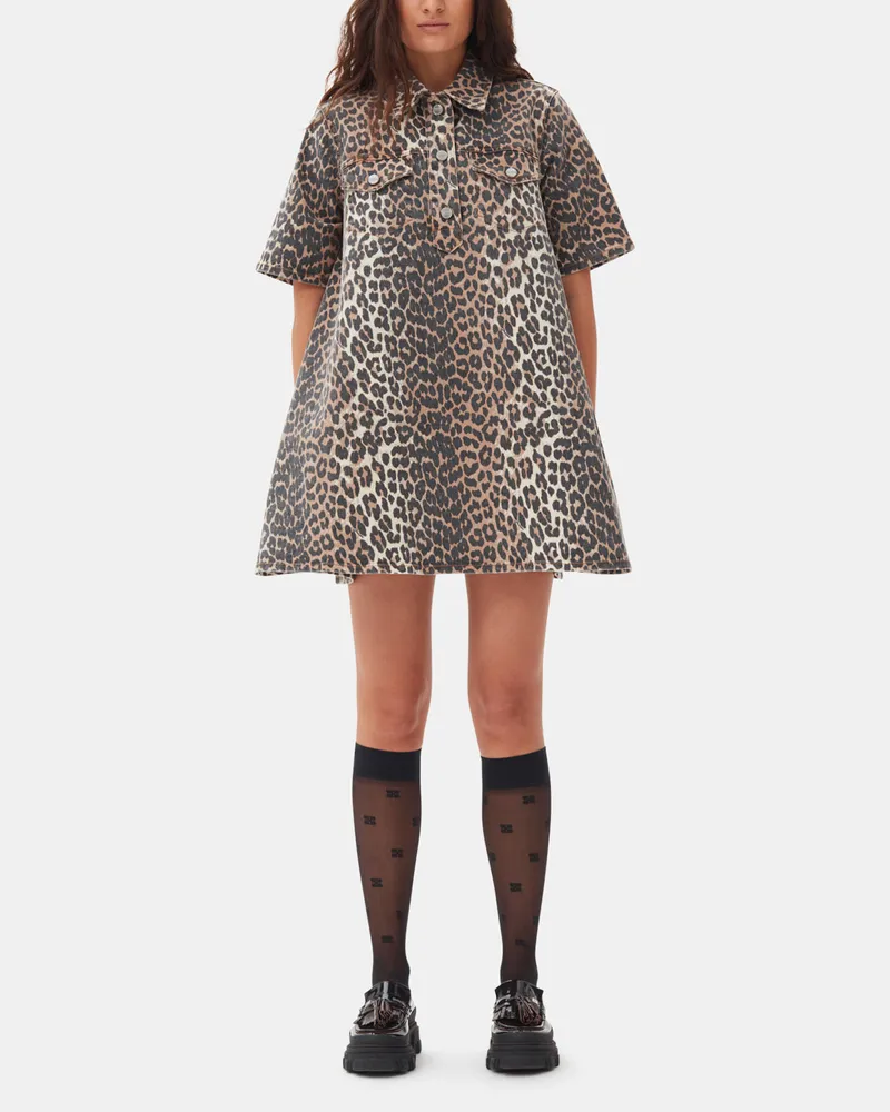 Ganni gemischt Minikleid aus Denim mit Leopardenprint Bio-Baumwolle - Größe Gemischt
