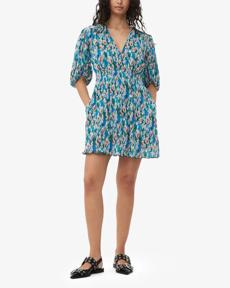 Ganni Plissiertes Georgette-Mini-Kleid mit V-Ausschnitt - Größe blau Blau