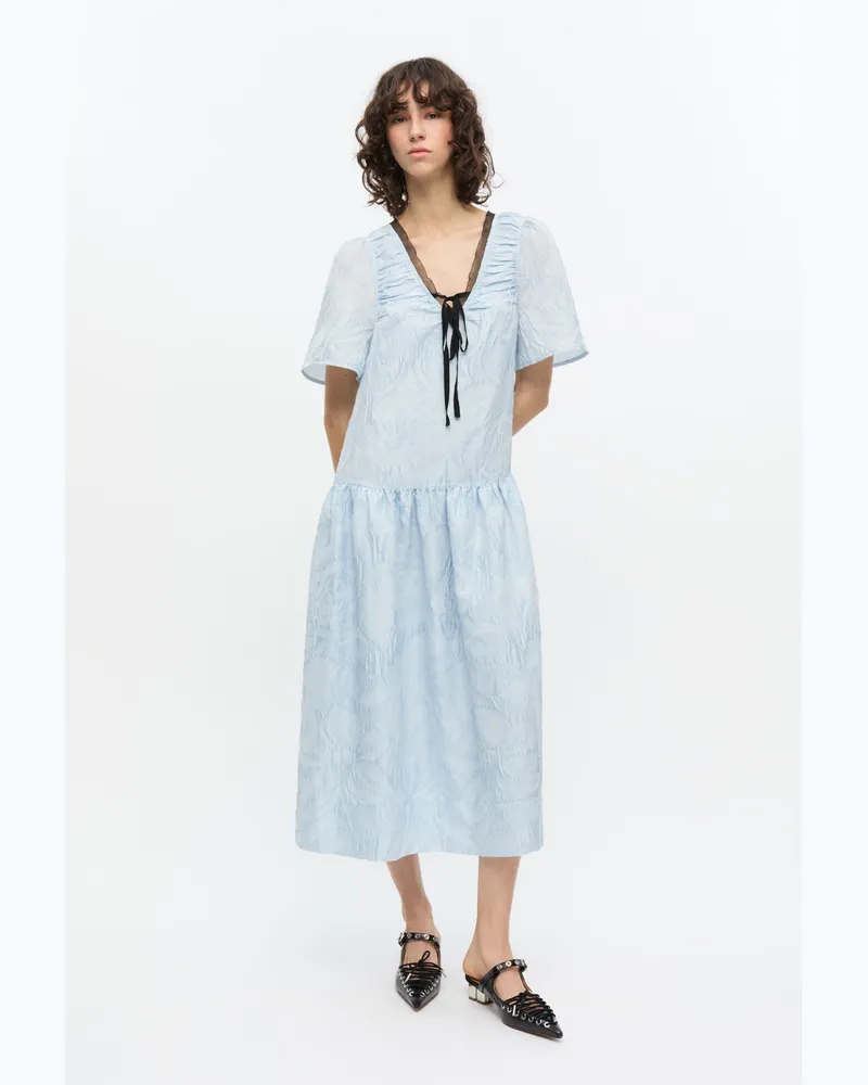 Ganni Blaues Midikleid aus strukturiertem Cloque Soft Chambray Soft