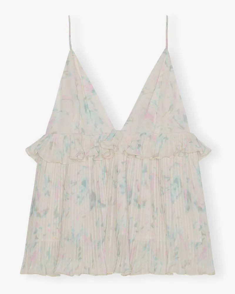 Ganni Bedrucktes, plissiertes Georgette-Trägertop mit Blumenmuster - Größe Tofu Tofu