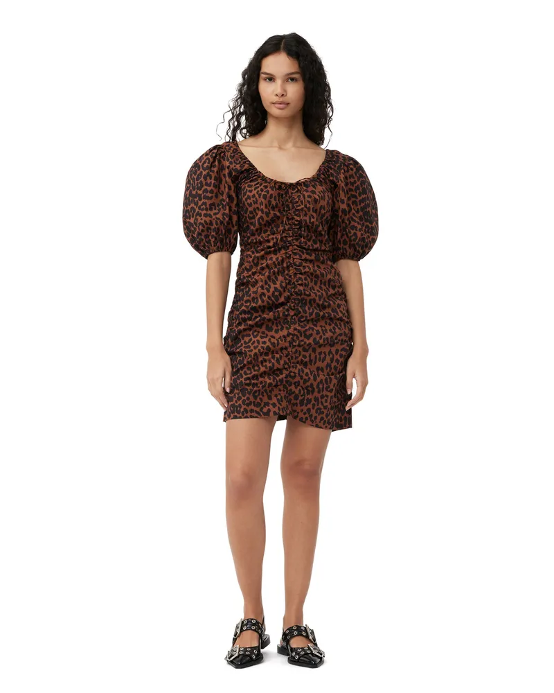 Ganni beige Bedrucktes Minikleid mit U-Ausschnitt Bio-Baumwolle - Größe Beige