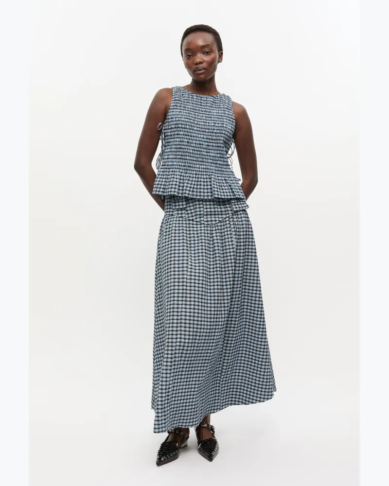 Ganni Blau karierter langer Rock aus Seersucker Blau