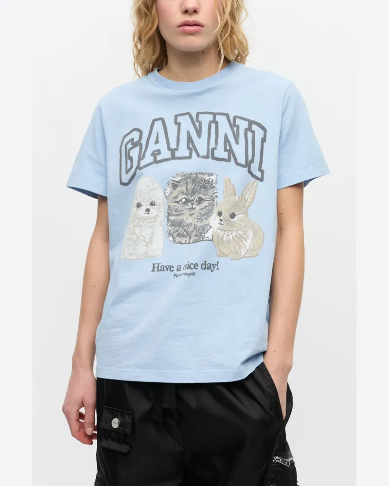 Ganni blau Blaues T-Shirt mit Animal-Print Bio-Baumwolle - Größe Blau