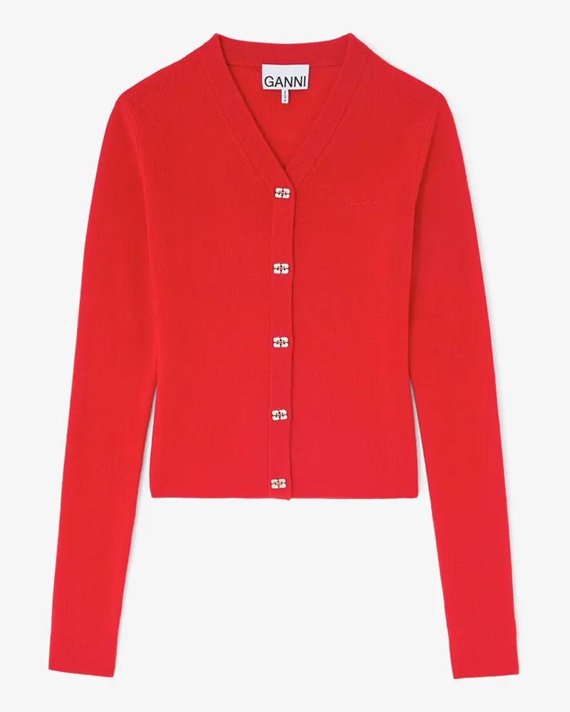 Ganni Goji Berry Strickjacke aus roter Merinowolle Wolle - Größe Goji