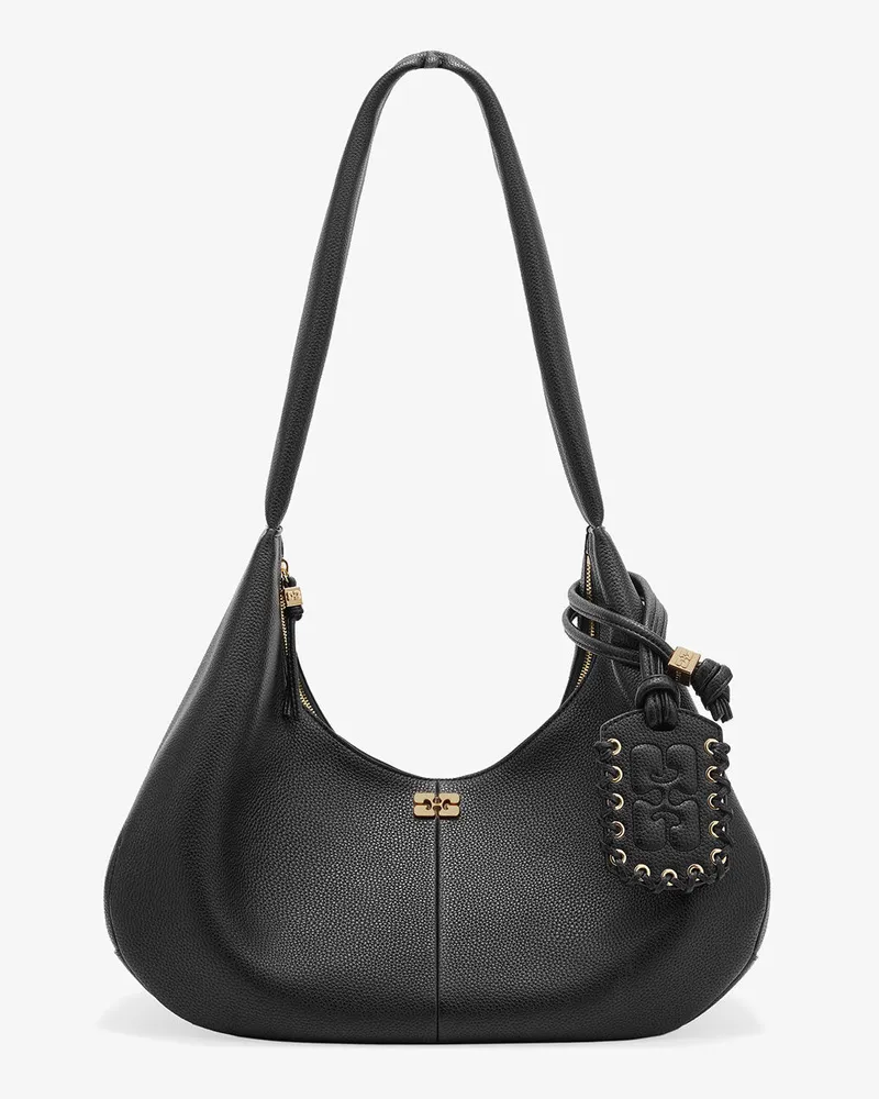 Ganni Schwarze, genarbte, mittelgroße Hobo-Tasche schwarz Schwarz