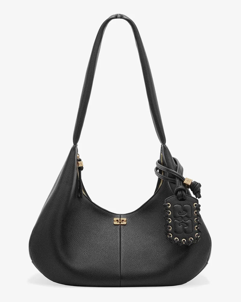 Ganni Schwarze, genarbte, mittelgroße Hobo-Tasche schwarz Schwarz