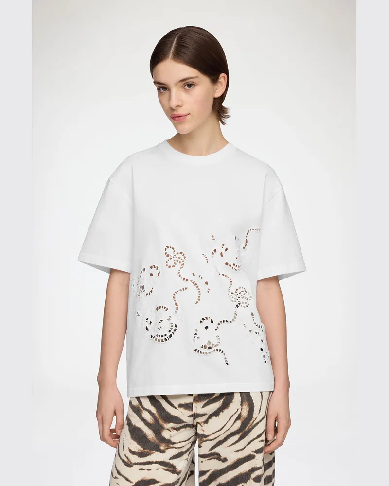 Ganni weiß T-Shirt mit weißer Broderie Anglaise Bio-Baumwolle - Größe Weiß