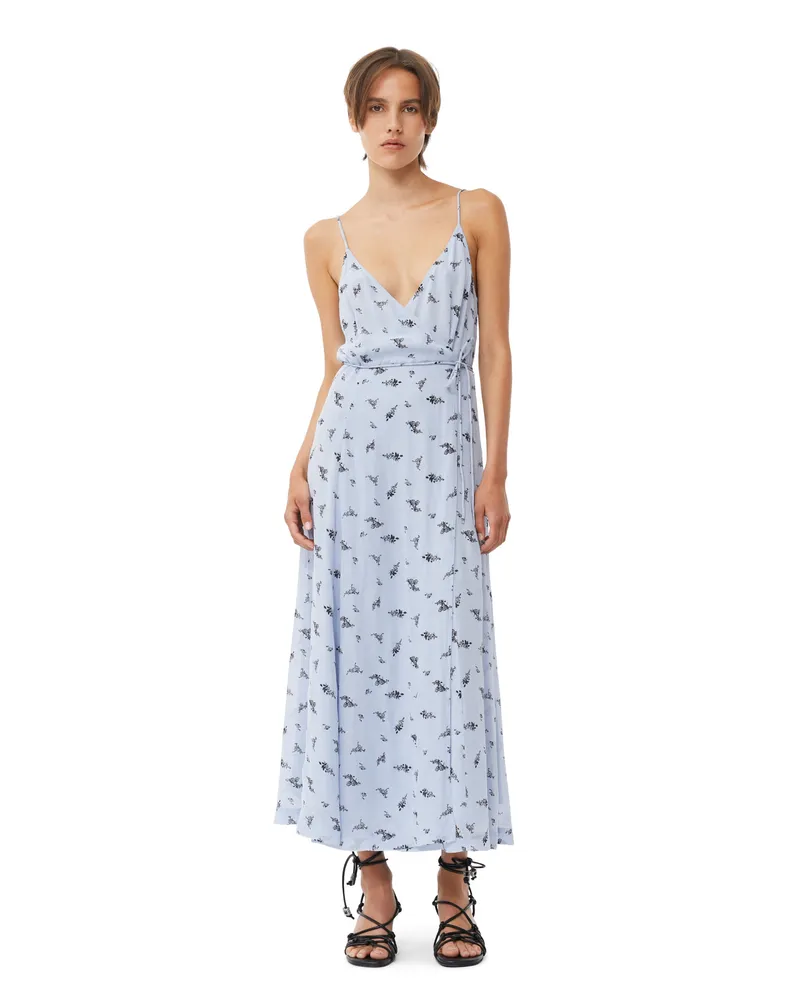Ganni blau Bedrucktes Georgette-Wickelkleid mit Trägern Viskose - Größe Blau