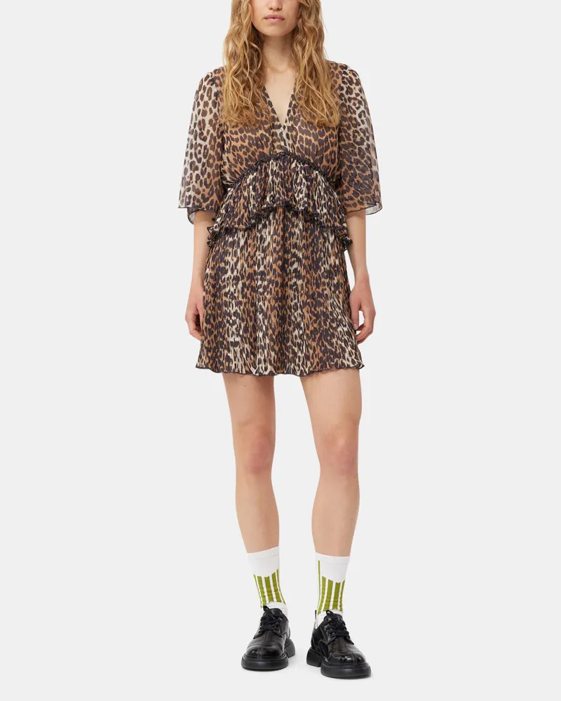 Ganni Plissiertes Georgette-Minikleid mit Leopardenprint, V-Ausschnitt und Volants - Größe braun Braun