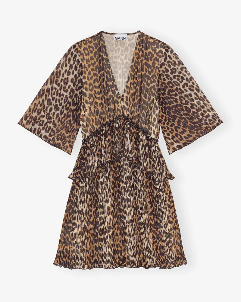 Ganni Plissiertes Georgette-Minikleid mit Leopardenprint, V-Ausschnitt und Volants - Größe braun Braun