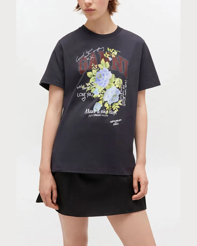 Ganni gemischt Schwarzes T-Shirt mit Rosenprint Bio-Baumwolle - Größe Gemischt
