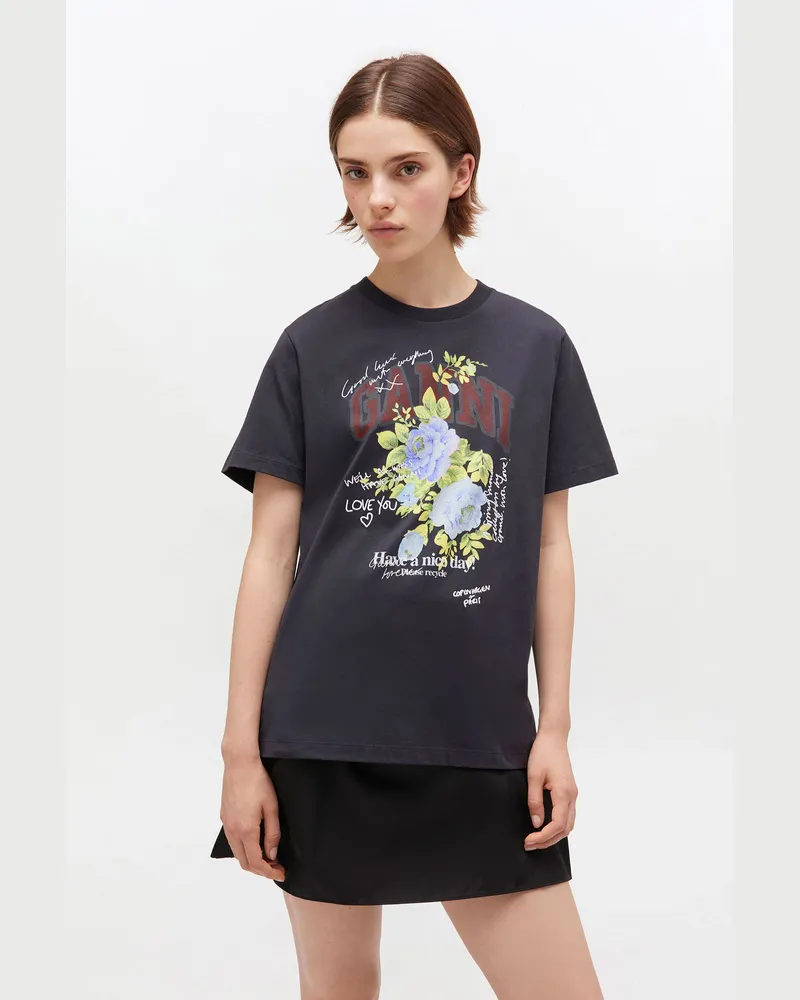 Ganni gemischt Schwarzes T-Shirt mit Rosenprint Baumwolle - Größe Gemischt