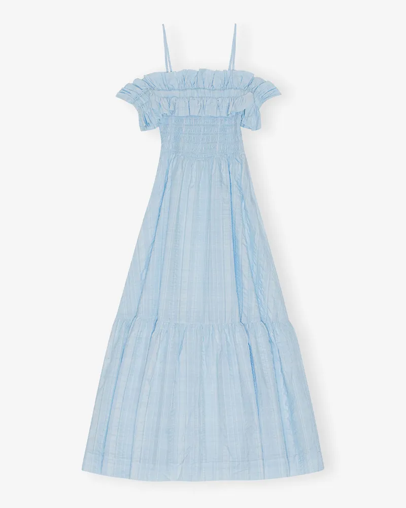 Ganni Maxi-Kleid mit Smock-Detail im Seersucker-Karo blau Blau