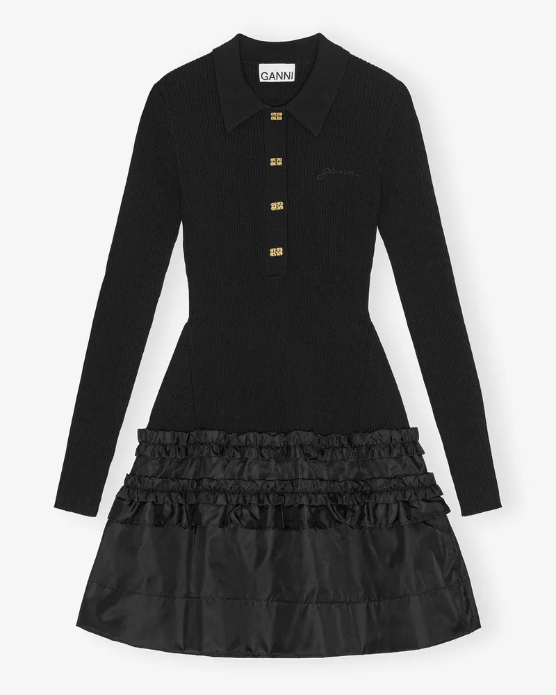 Ganni Minikleid aus Rippstrick mit Rüschen schwarz Schwarz
