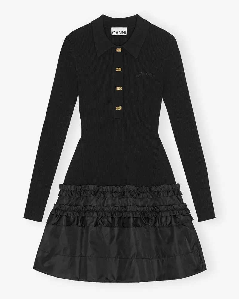 Ganni Minikleid aus Rippstrick mit Rüschen schwarz Schwarz