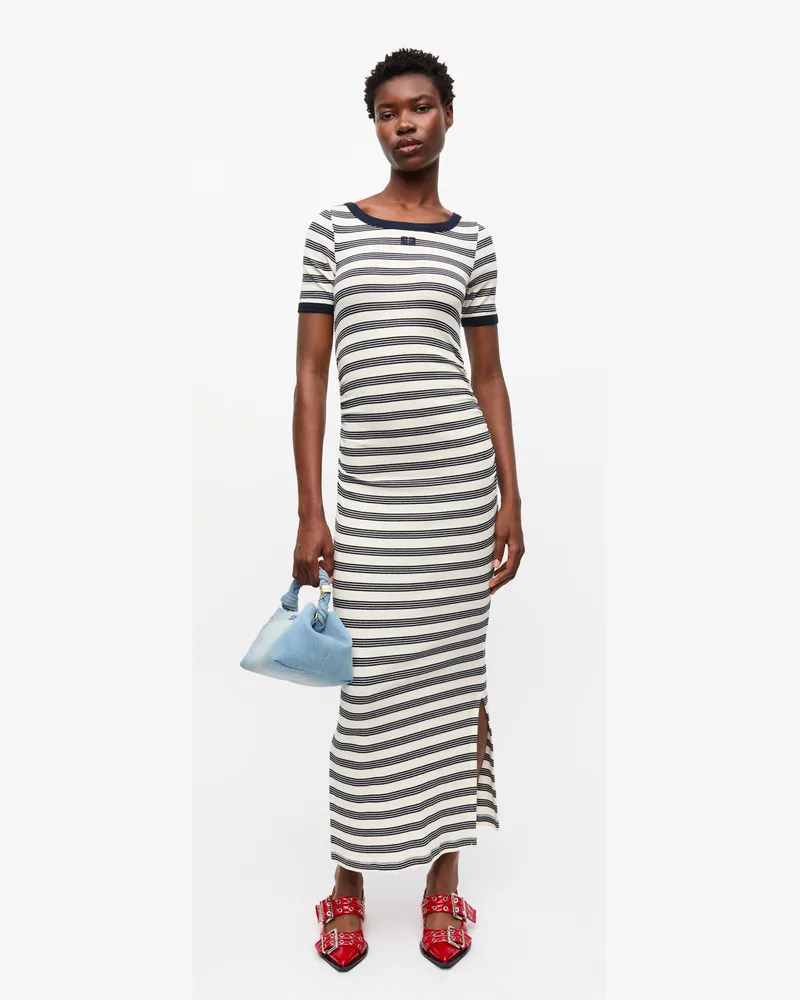 Ganni marineblau Gestreiftes Rippshirt aus weicher Baumwolle mit kurzen Ärmeln Bio-Baumwolle - Größe Marineblau