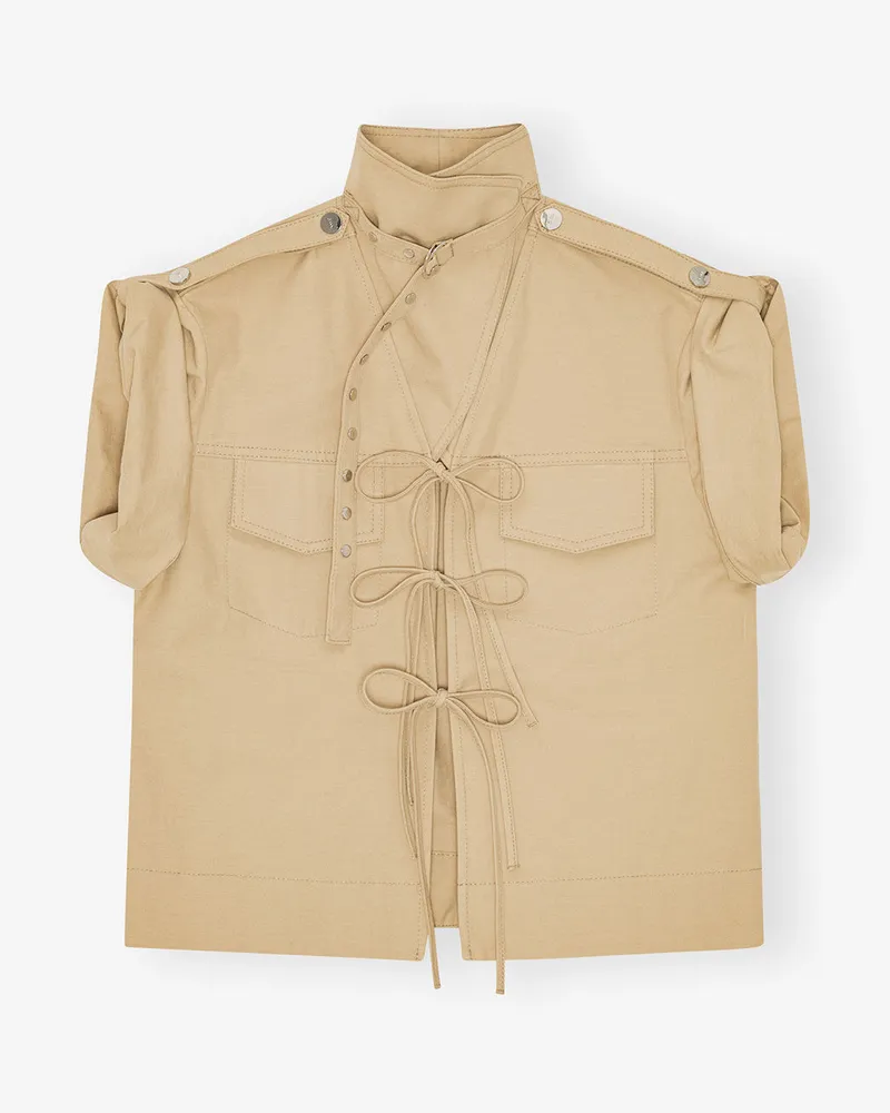 Ganni Pale Khaki beigefarbene Stretchbluse aus Baumwolle Leinen - Größe Pale