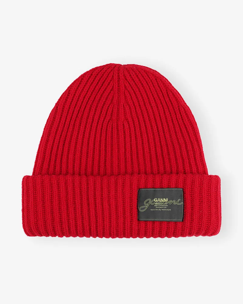 Ganni Rote, strukturierte Strickmütze rot Rot