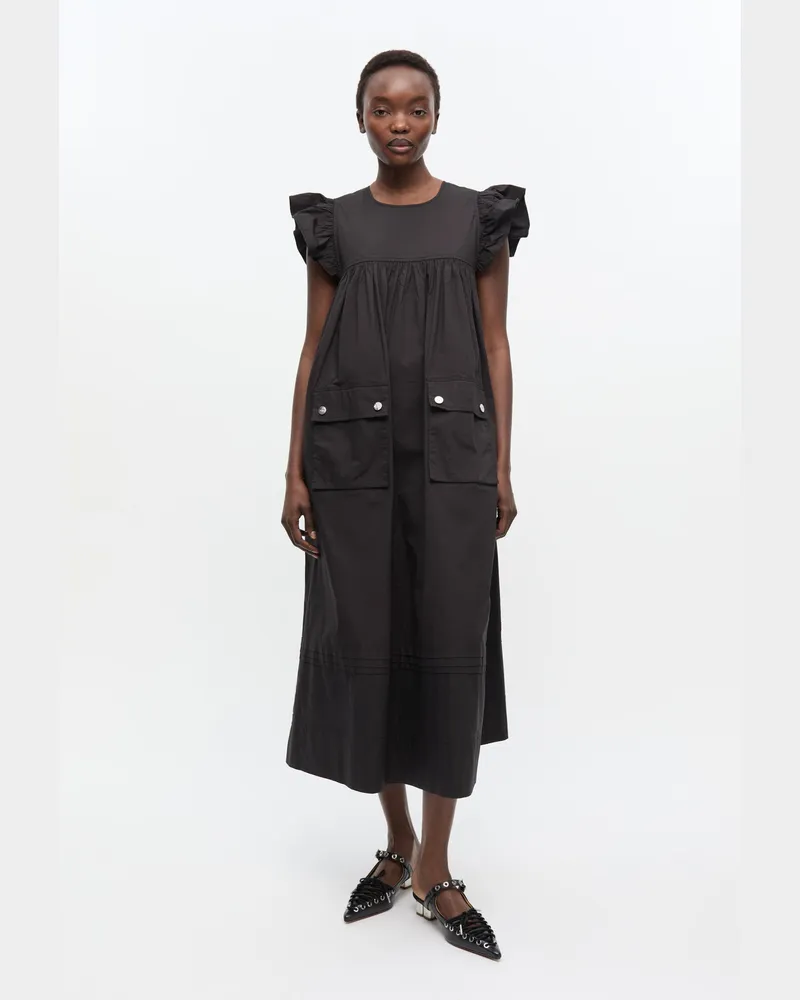 Ganni schwarz Schwarzes Kleid mit Rüschenärmeln aus Stretch-Baumwolle Bio-Baumwolle - Größe Schwarz