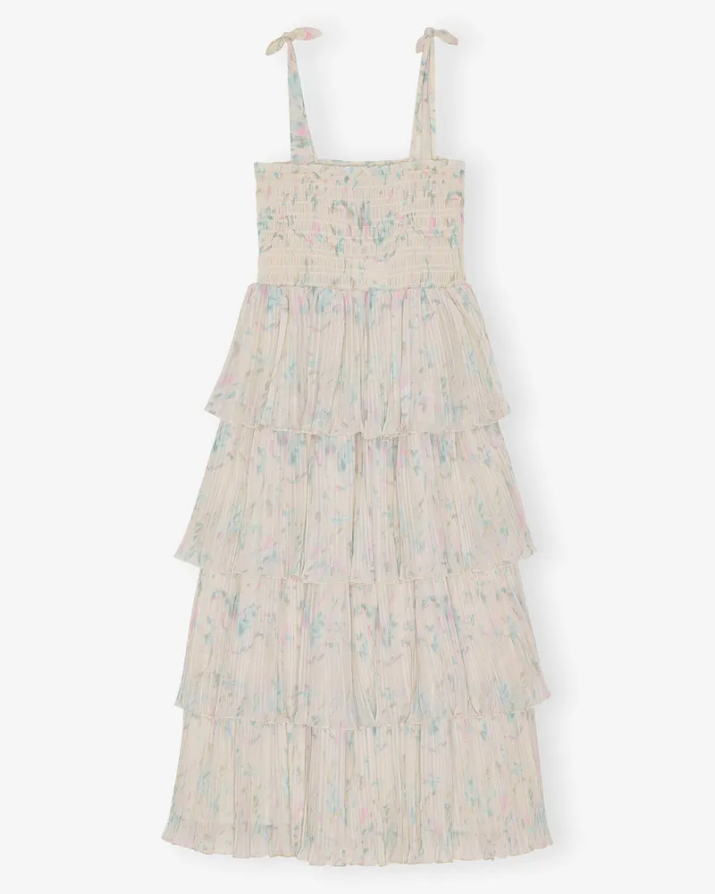 Ganni Midi-Kleid in Georgette mit Plissee und floralem Print sowie Trägern - Größe beige Beige