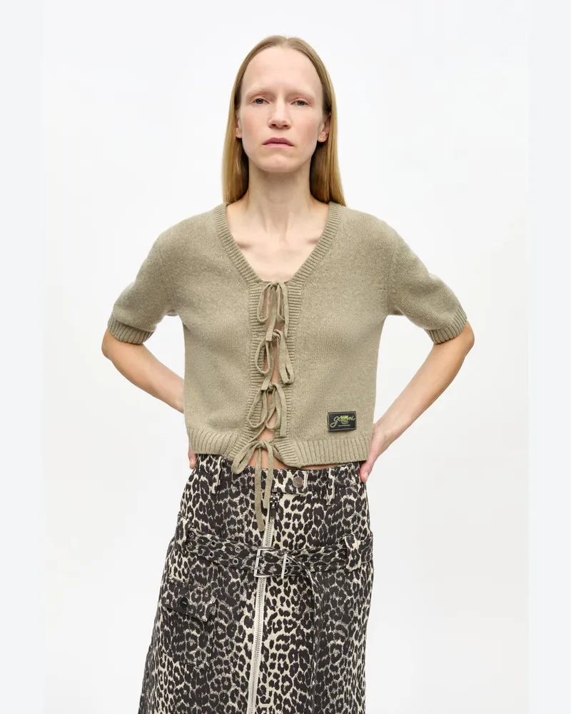 Ganni Dusty Olive Brauner Kurzarm-Cardigan aus Future-Wollmischgewebe Recycling-Wolle - Größe Dusty