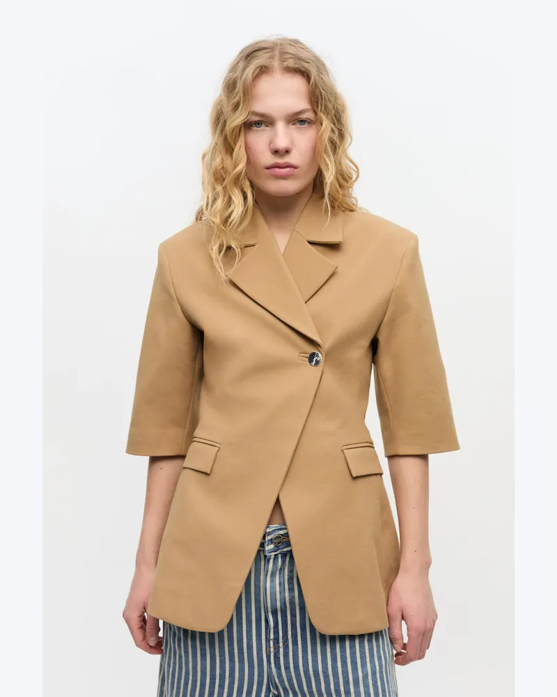 Ganni beige Kamelfarbener Blazer mit 3/4-Ärmeln Elastan - Größe Beige