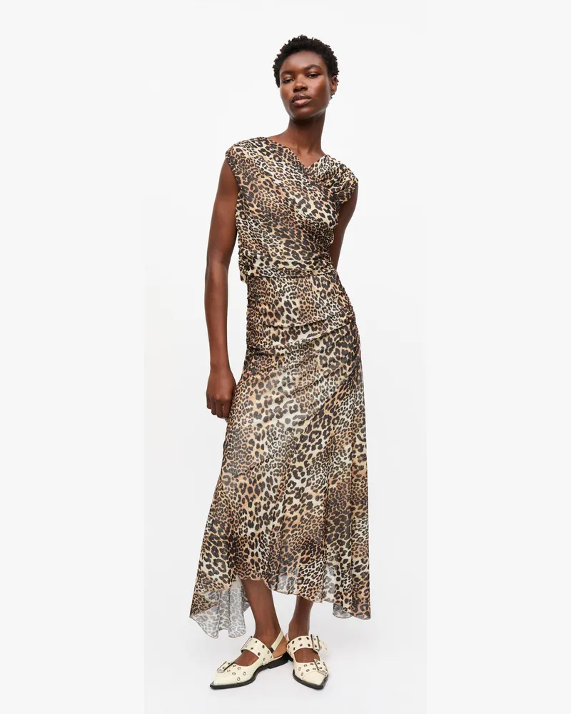 Ganni Langes, gerüschtes Crossover-Kleid Marl mit Leopardenprint - Größe gemischt Gemischt