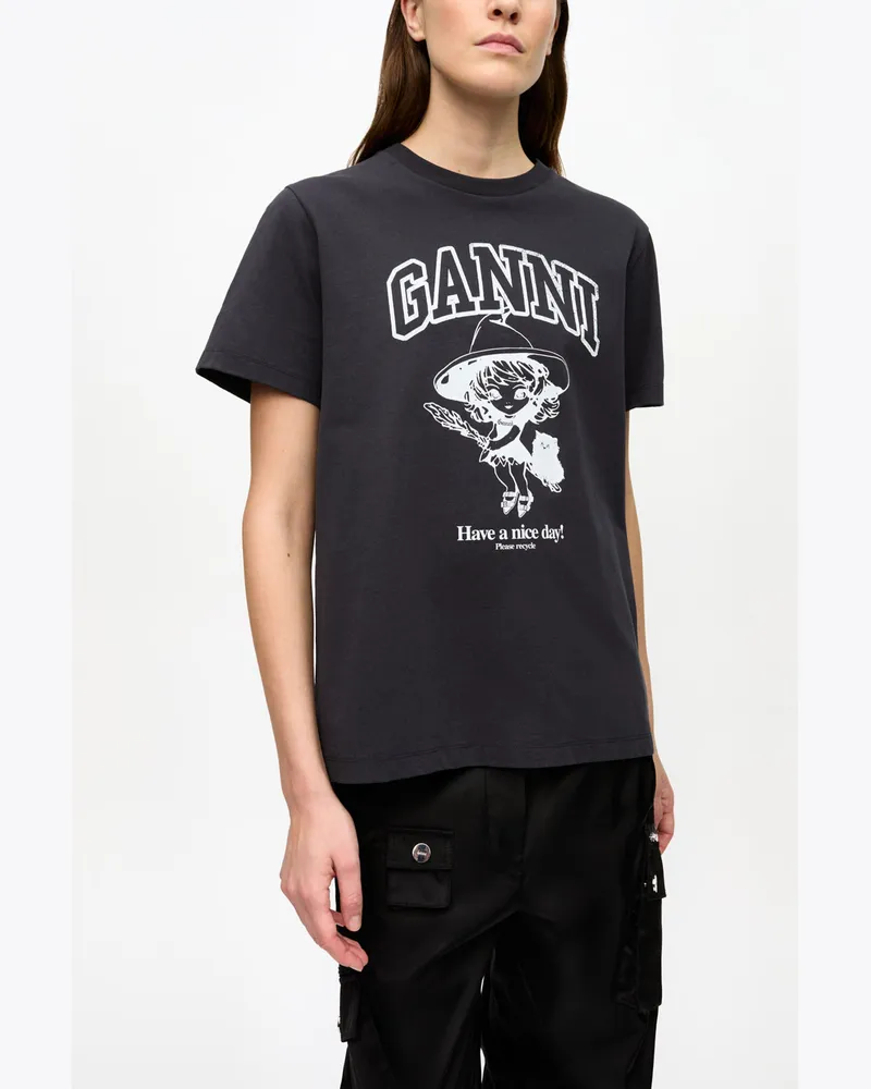 Ganni gemischt Schwarzes T-Shirt mit Hexen-Grafik Bio-Baumwolle - Größe Gemischt
