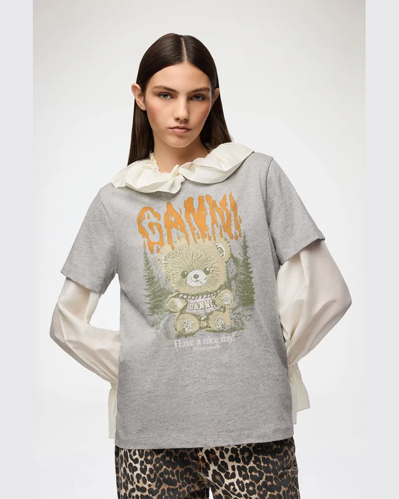 Ganni grau T-Shirt mit Wald-Teddy Bio-Baumwolle - Größe Grau