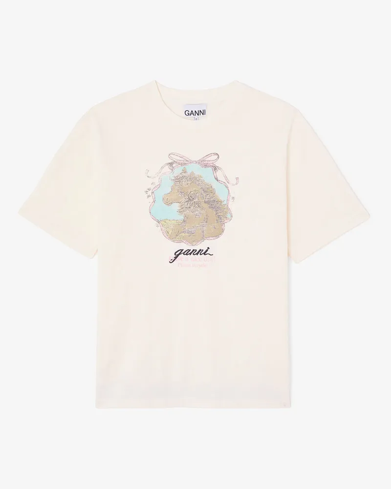 Ganni weiß T-Shirt mit Pferdemotiv Bio-Baumwolle - Größe Weiß