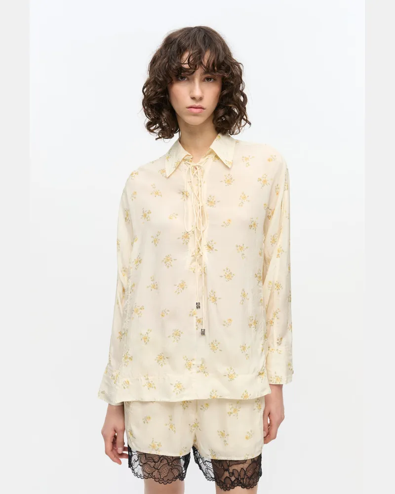 Ganni weiß Cremefarbenes geblümtes Hemd mit Schnürung Viskose - Größe Weiß