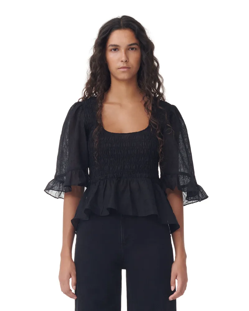 Ganni schwarz Crinkled Georgette Smock Bluse - Größe Schwarz
